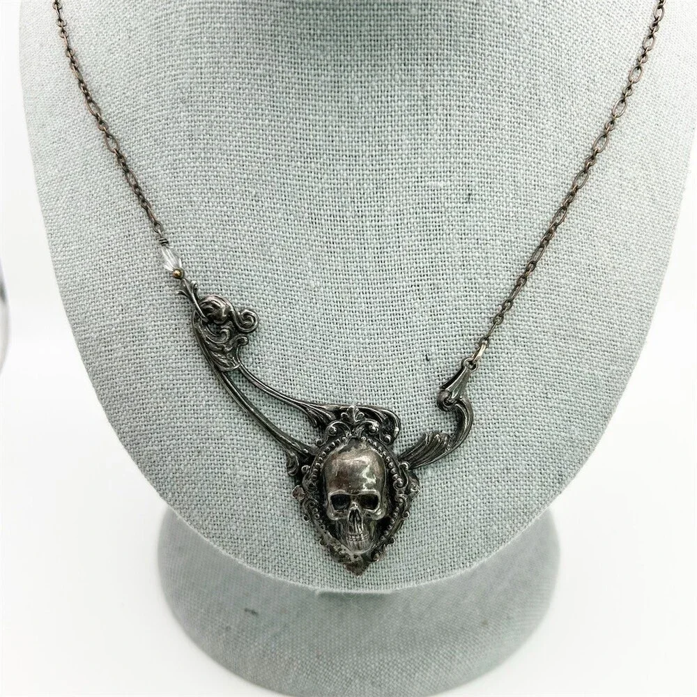 Gothic Skull Pendant Necklace Dark Romantic Victorian Style Statement 19 inches - Picture 2 of 11